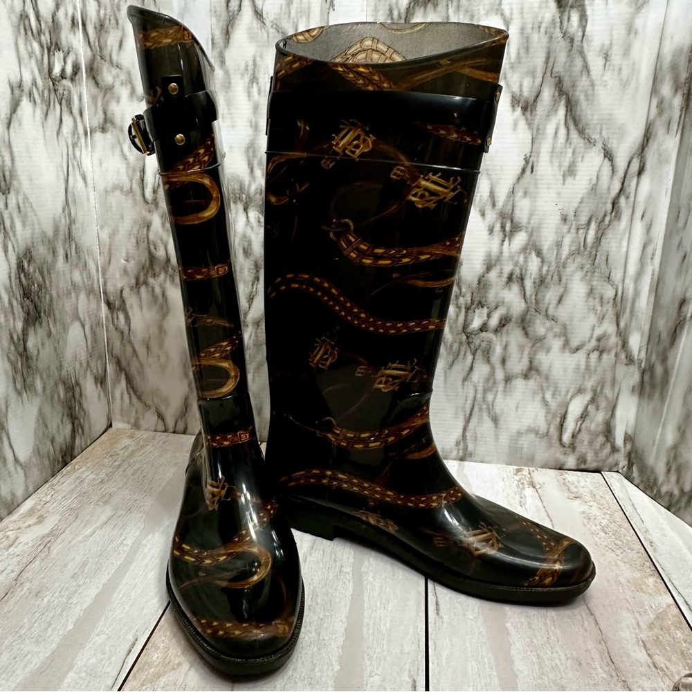 Ralph Lauren Black Gold Chain Horse Tack Pattern Rubber Rain Boots Farmcore